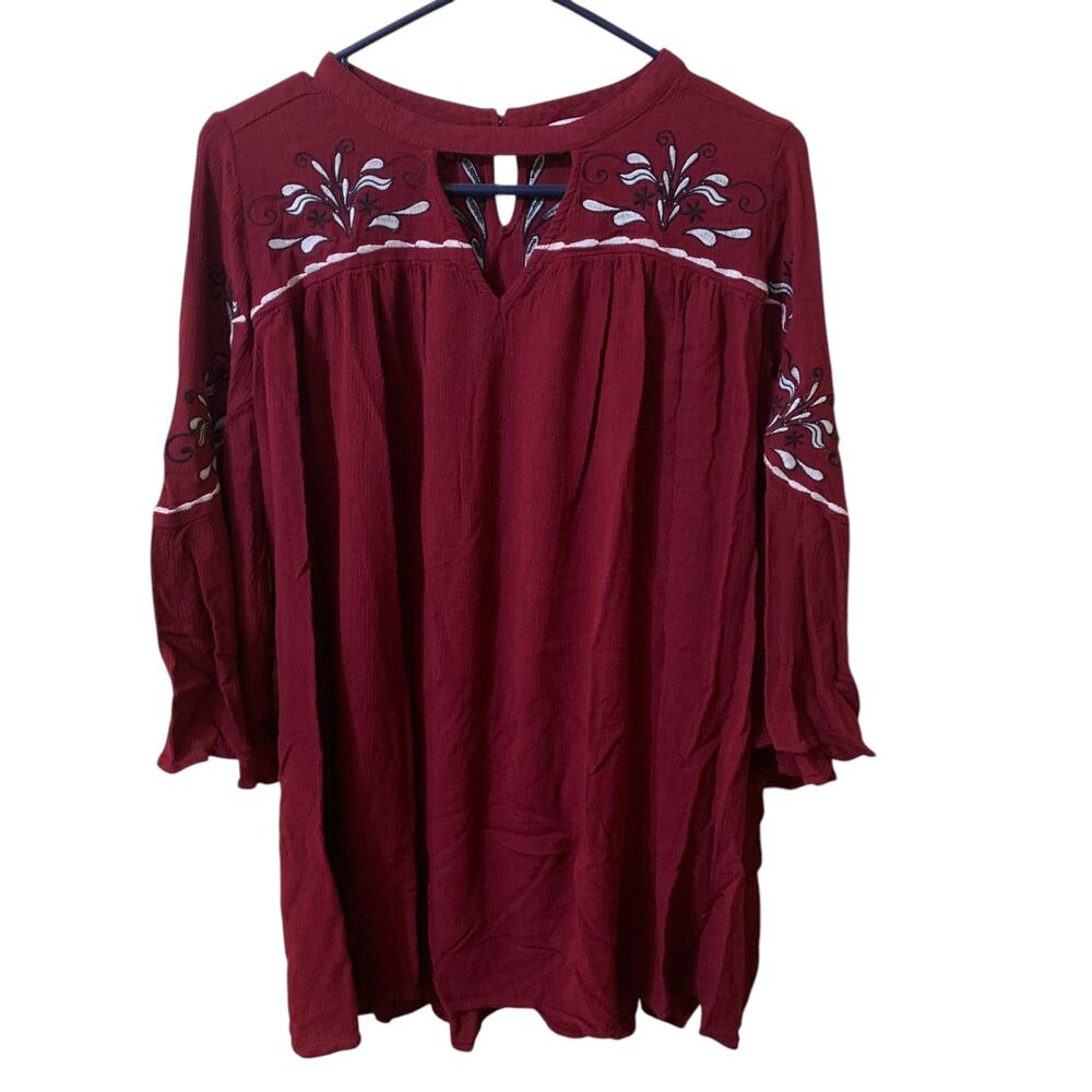 Umgee USA Long Sleeve Burgundy Bohemian Embroidered Dress Size Small